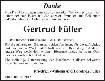 Traueranzeige von Gertrud Füller von KRZ