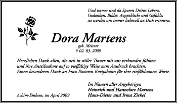 Traueranzeige von Dora Martens von KREISZEITUNG SYKE