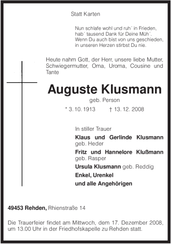 Traueranzeige von Auguste Klusmann von KREISZEITUNG SYKE
