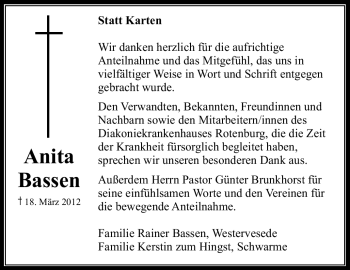 Traueranzeige von Anita Bassen von KREISZEITUNG SYKE