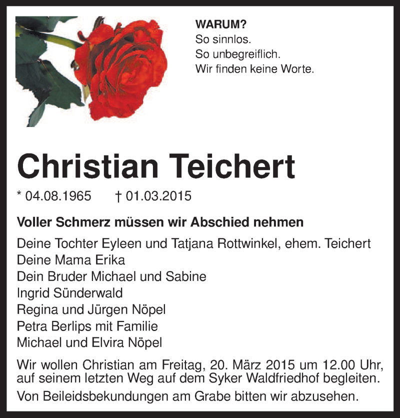 Traueranzeige für Christian Teichert vom 14.03.2015 aus KRZ