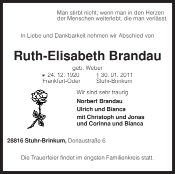 Traueranzeige von Ruth-Elisabeth Brandau von KREISZEITUNG SYKE