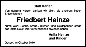 Traueranzeige von Friedbert Heinze von KREISZEITUNG SYKE