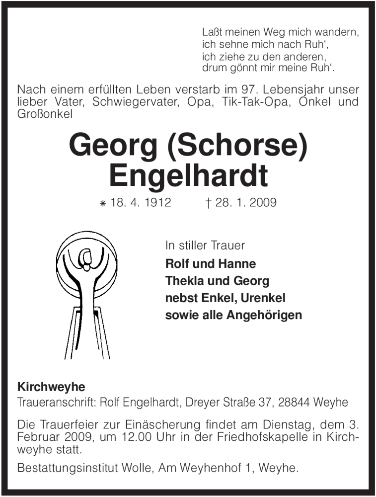  Traueranzeige für Georg Engelhardt vom 30.01.2009 aus KREISZEITUNG SYKE