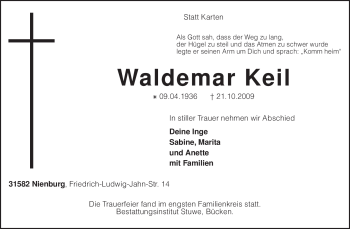 Traueranzeige von Waldemar Keil von KREISZEITUNG SYKE