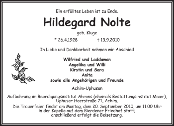 Traueranzeige von Hildegard Nolte von KREISZEITUNG SYKE