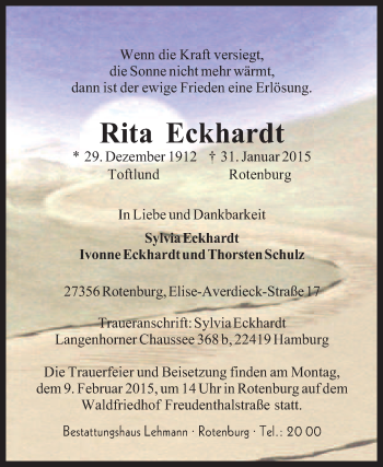 Traueranzeige von Rita Eckhardt von Kreiszeitung