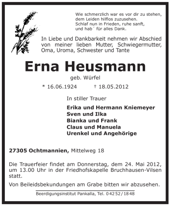 Traueranzeige von Erna Heusmann von KREISZEITUNG SYKE