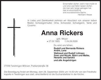 Traueranzeige von Anna Rickers von KREISZEITUNG SYKE