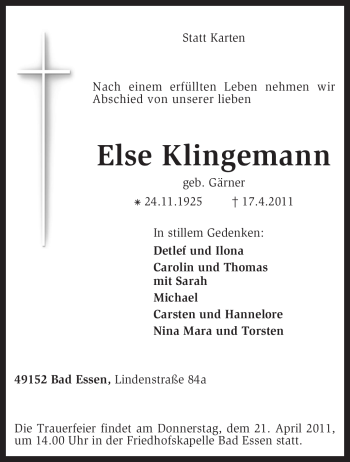 Traueranzeige von Else Klingemann von KREISZEITUNG SYKE