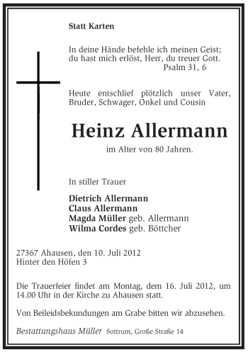 Traueranzeige von Heinz Allermann von KREISZEITUNG SYKE