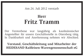 Traueranzeige von Fritz Tramm von KREISZEITUNG SYKE