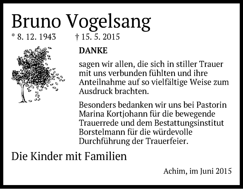  Traueranzeige für Bruno Vogelsang vom 27.06.2015 aus KRZ