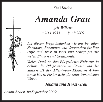 Traueranzeige von Amanda Grau von KREISZEITUNG SYKE