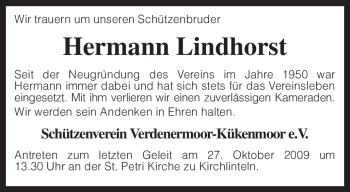 Traueranzeige von Hermann Lindhorst von KREISZEITUNG SYKE