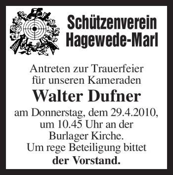 Traueranzeige von Walter Dufner von KREISZEITUNG SYKE