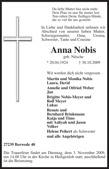 Traueranzeige von Anna Nobis von KREISZEITUNG SYKE