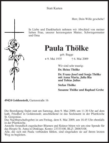 Traueranzeige von Paula Thölke von KREISZEITUNG SYKE