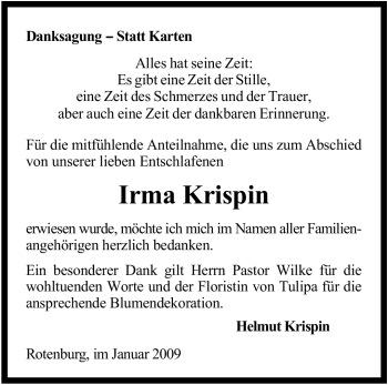 Traueranzeige von Irma Krispin von KREISZEITUNG SYKE