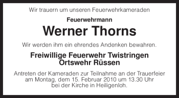 Traueranzeige von Werner Thorns von KREISZEITUNG SYKE