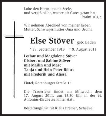 Traueranzeige von Else Stöver von KREISZEITUNG SYKE