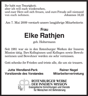 Traueranzeige von Elke Rathjen von KREISZEITUNG SYKE