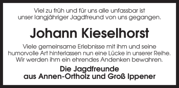 Traueranzeige von Johann Kieselhorst von KREISZEITUNG SYKE