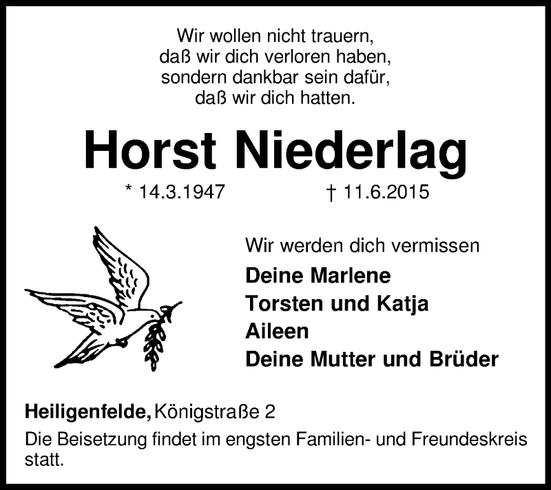  Traueranzeige für Horst Niederlag vom 13.06.2015 aus KRZ