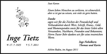 Traueranzeige von Inge Tietz von KREISZEITUNG SYKE