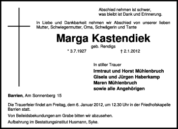 Traueranzeige von Marga Kastendiek von KREISZEITUNG SYKE