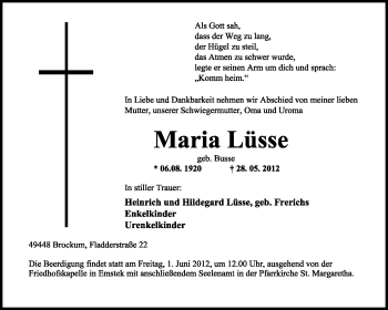 Traueranzeige von Maria Lüsse von KREISZEITUNG SYKE