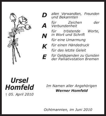 Traueranzeige von Ursel Homfeld von KREISZEITUNG SYKE