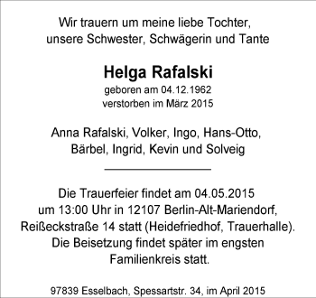 Traueranzeige von Helga Rafalski von KRZ