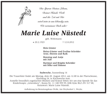 Traueranzeige von Marie Luise Nüstedt von KREISZEITUNG SYKE