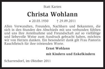 Traueranzeige von Christa Wohlann von KREISZEITUNG SYKE