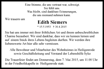 Traueranzeige von Edith Siemers von KRZ