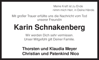 Traueranzeige von Karin Schnakenberg von KREISZEITUNG SYKE