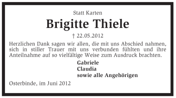 Traueranzeige von Brigitte Thiele von KREISZEITUNG SYKE