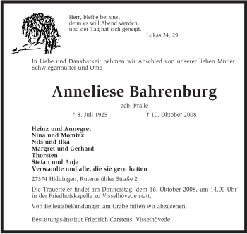 Traueranzeige von Anneliese Bahrenburg von KREISZEITUNG SYKE