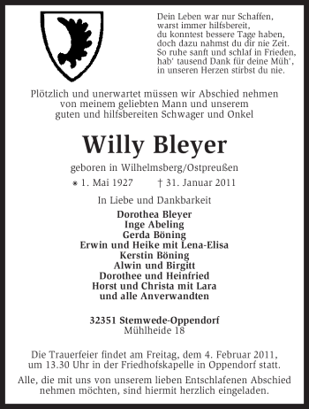 Traueranzeige von Willy Bleyer von KREISZEITUNG SYKE