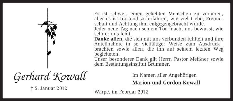  Traueranzeige für Gerhard Kowall vom 04.02.2012 aus KREISZEITUNG SYKE