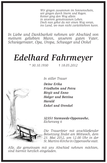 Traueranzeige von Edelhard Fahrmeyer von KREISZEITUNG SYKE