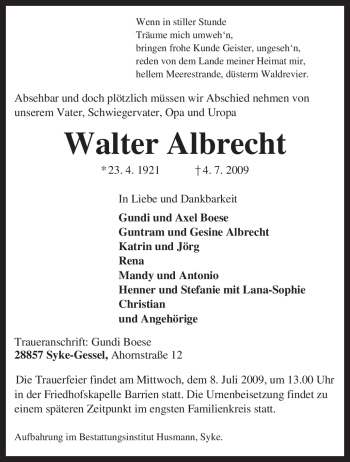 Traueranzeige von Walter Albrecht von KREISZEITUNG SYKE