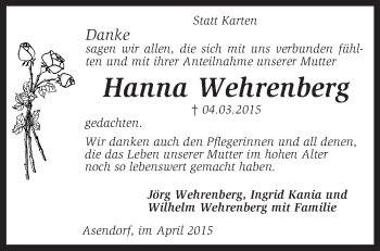 Traueranzeige von Hanna Wehrenberg von KRZ