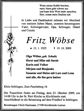 Traueranzeige von Fritz Wöbse von KREISZEITUNG SYKE