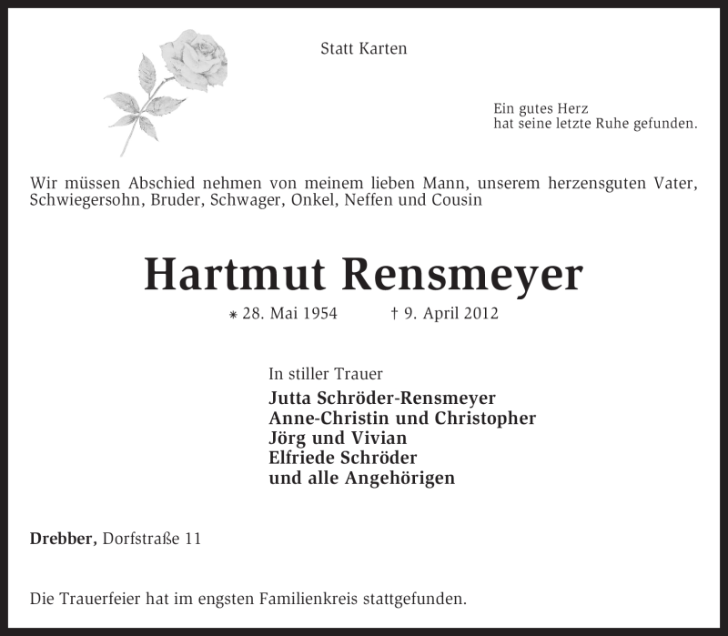  Traueranzeige für Hartmut Rensmeyer vom 16.04.2012 aus KREISZEITUNG SYKE