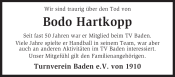 Traueranzeige von Bodo Hartkopp von KREISZEITUNG SYKE