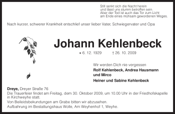 Traueranzeige von Johann Kehlenbeck von KREISZEITUNG SYKE