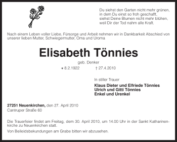 Traueranzeige von Elisabeth Tönnies von KREISZEITUNG SYKE