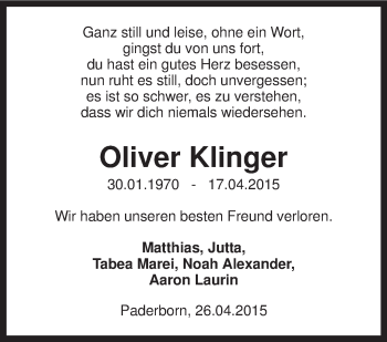 Traueranzeige von Oliver Klinger von KRZ